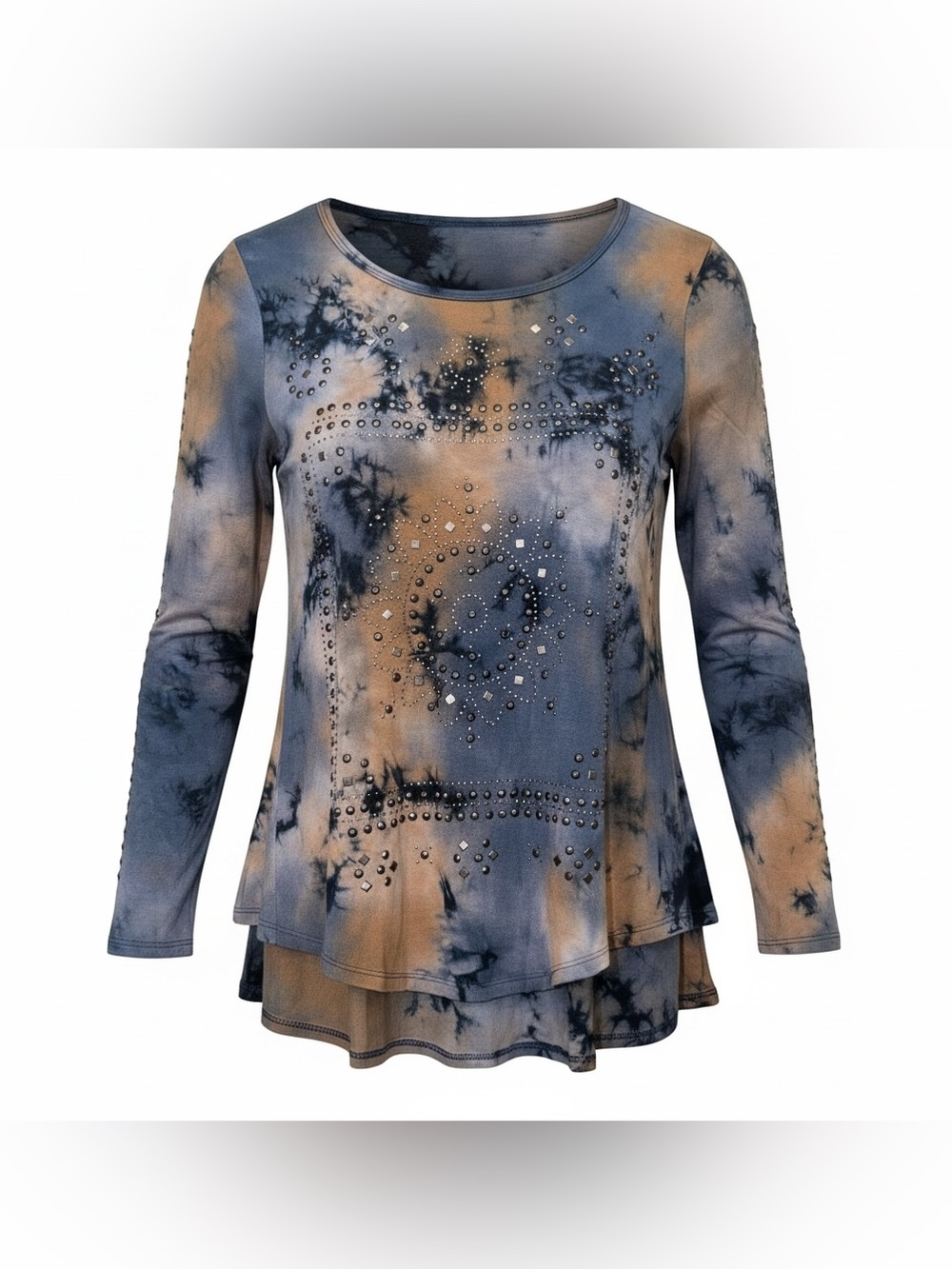 Vocal Blue and Brown Tie-Dye Long Sleeve Top with Stud Accents